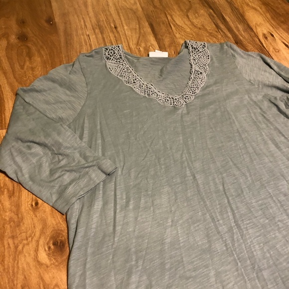J Jill Green Grey Taupe Lace V-Neck Tee Short Sleeve Top Womens Size Large - Picture 2 of 8